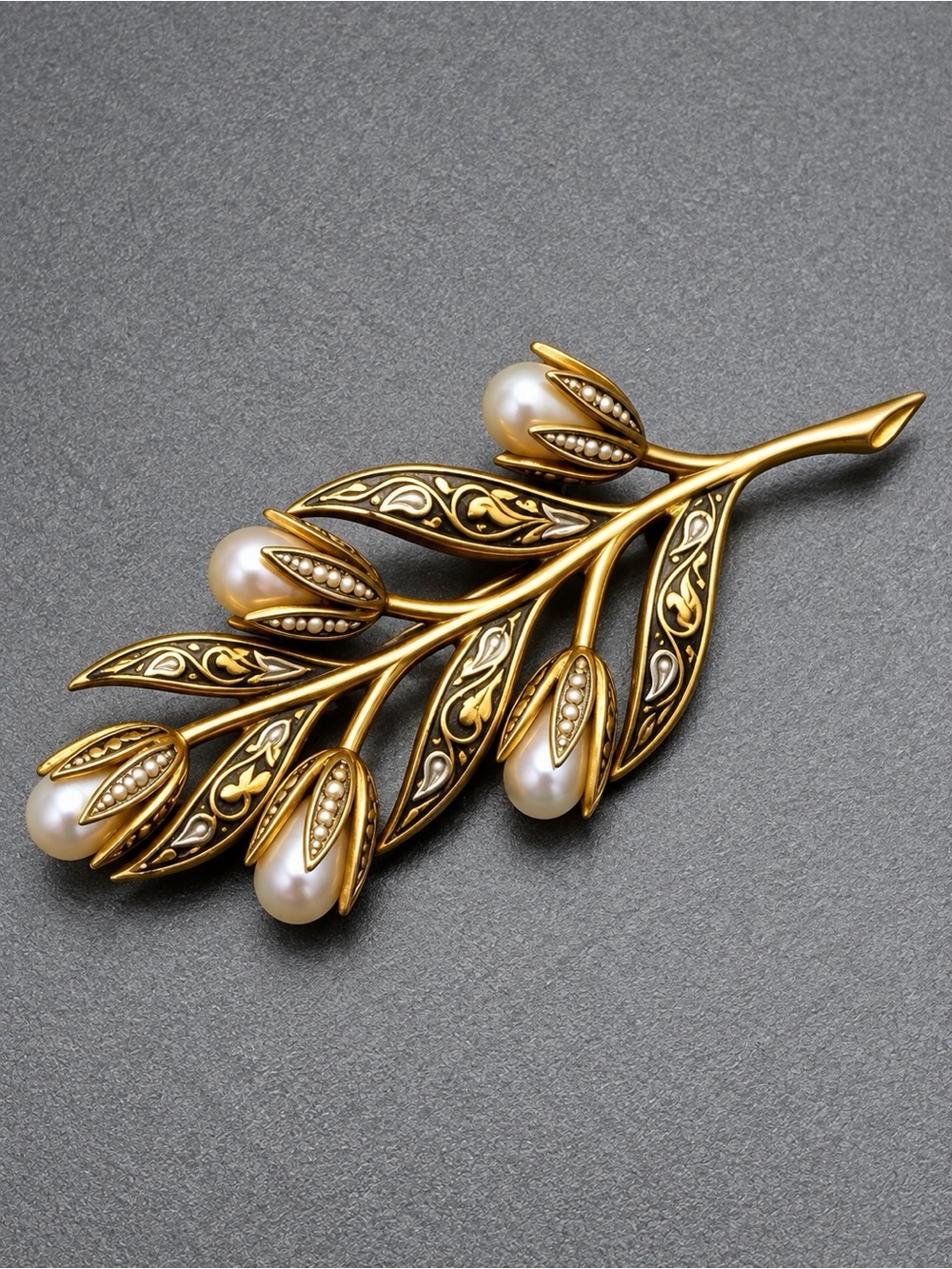Vintage Damascene  Leaf Branch Brooch #cz190